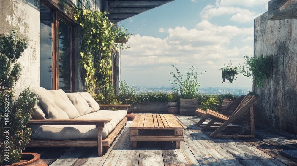A rooftop terrace with rustic wooden furniture, offering a peaceful environment to unwind after a long day. A rooftop terrace with rustic wooden furniture, offering a peaceful environment to unwind after a long day.