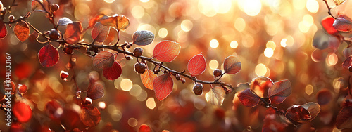 Autumn landscape with colorful leaves, sunslight and morning dew, long horizontal banner photo