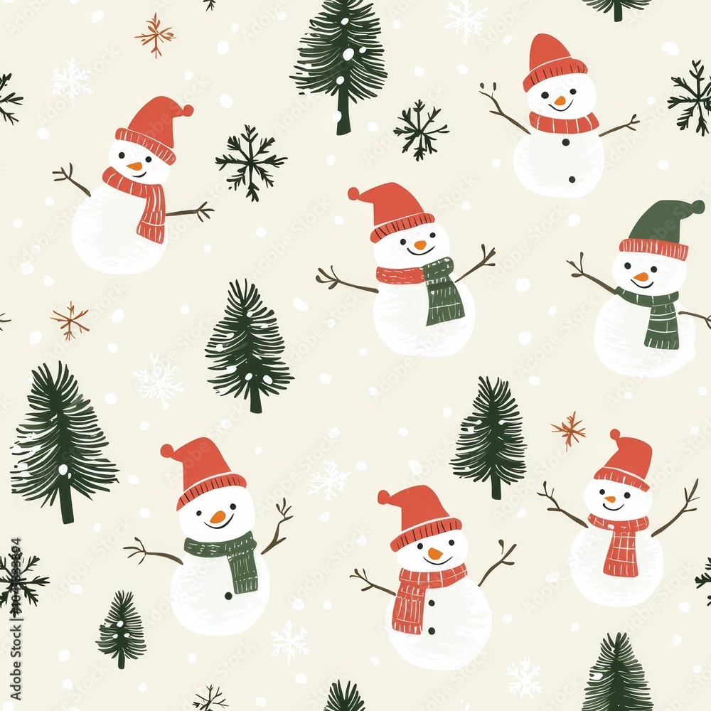 seamless pattern of joyful holiday scenes featuring snowmen and pine trees seamless pattern of joyful holiday scenes featuring snowmen and pine trees