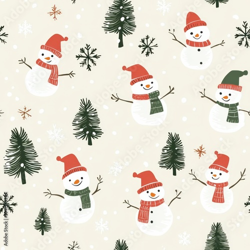 seamless pattern of joyful holiday scenes featuring snowmen and pine trees