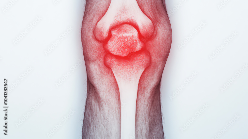 Fototapeta premium Detailed anatomical illustration of a human knee joint highlighting its structure, with a red hue to emphasize areas of interest, on a white background.