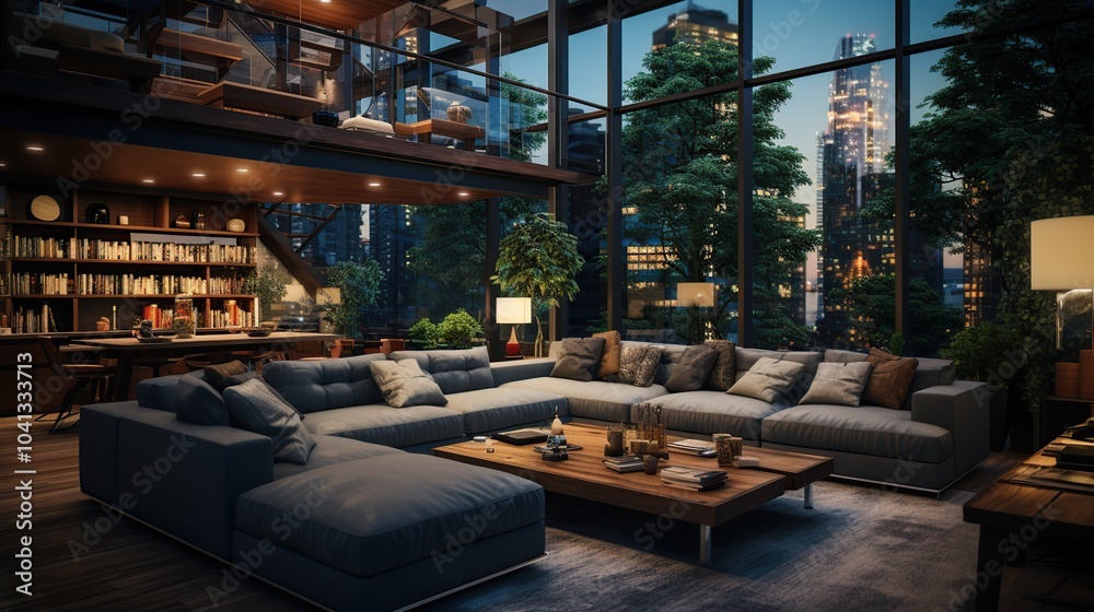 Modern living room with large windows overlooking a city skyline at dusk. Modern living room with large windows overlooking a city skyline at dusk.