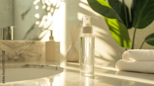 clear bottle of hair serum standing on a bathroom counter