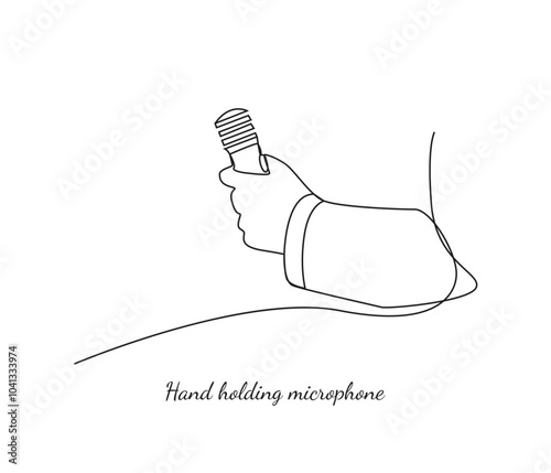 Continuous line drawing of hand holding microphone.
