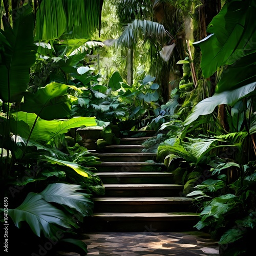 Stone Steps Lost in the Jungle Growth, overgrown stone steps, jungle growth, tropical plants, hidden trail, nature’s power, blending landscape, vibrant greenery, natural takeover, moss-covered steps
