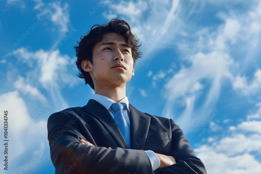 Confident young Asian Japanese businessman standing outdoors sharp suit arms crossed under bright blue sky cloud male model suit formal low Elevation angle low authority strength portrait professional