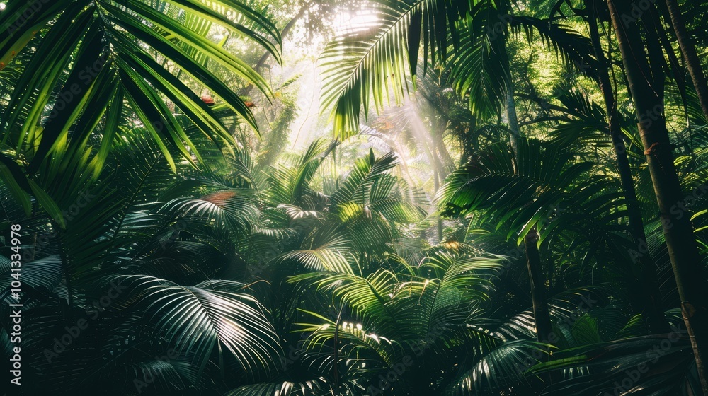 Naklejka premium Lush Dense Jungle with Hanging Vines and Tall Trees