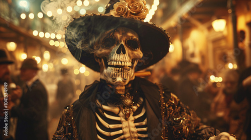 Halloween skeleton with a warlock outfit sculpture, Halloween theme background, celebrating the Day of the Dead