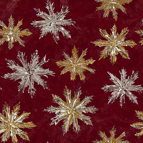 seamless pattern of shimmering silver and gold snowflakes on a rich red background