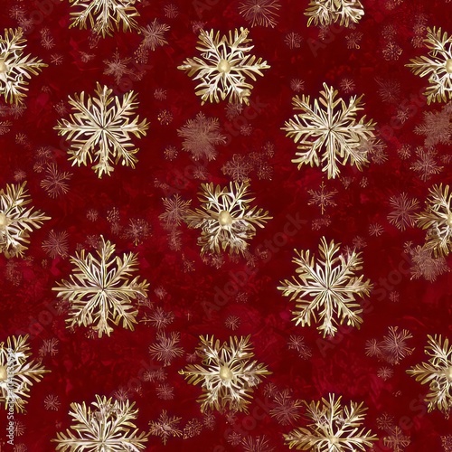 seamless pattern of shimmering silver and gold snowflakes on a rich red background