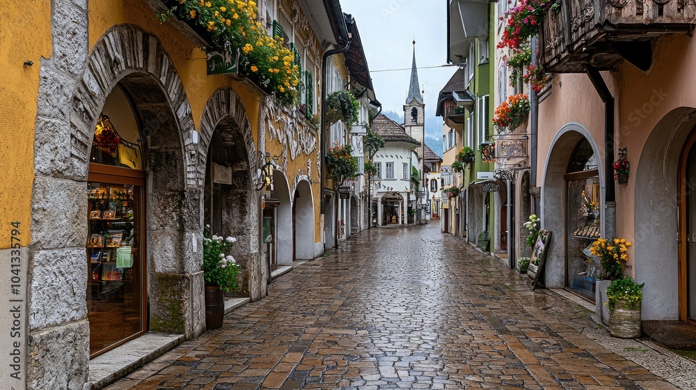 Fototapeta premium Charming Rainy Street in Historic European Village