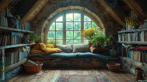 A cozy reading nook in an attic with a large arched window, bookshelves, pillows, and plants. photo