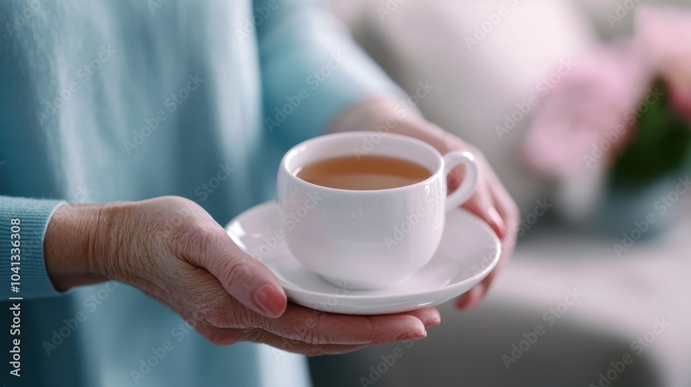 Hands holding a white cup of tea on a saucer. Hands holding a white cup of tea on a saucer.