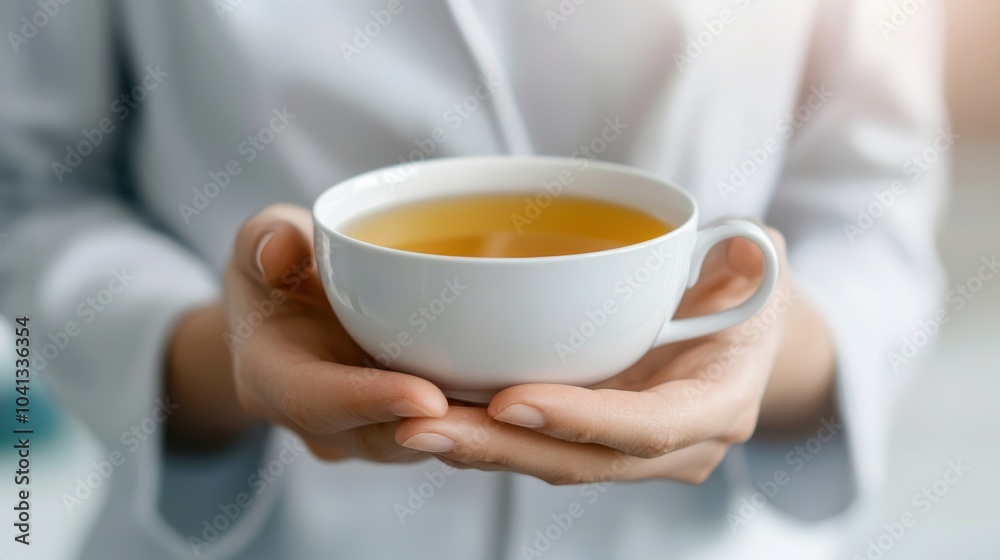 Hands holding a white cup of warm herbal tea. Hands holding a white cup of warm herbal tea.