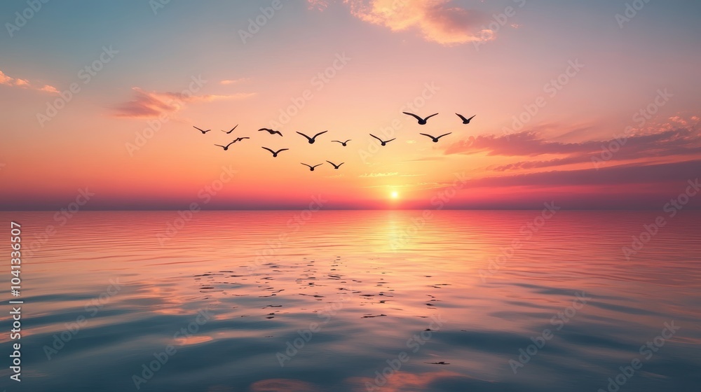 Fototapeta premium Flock of Birds Flying Above Calm Waters at Sunset