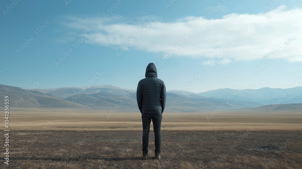 Back View of a Person Facing a Vast, Desolate Landscape Back View of a Person Facing a Vast, Desolate Landscape