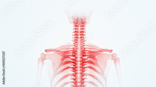 Red and white anatomical illustration of a human skeleton from the back, showcasing detailed vertebrae and ribs against a white background.