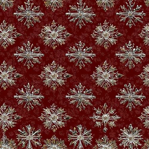 seamless pattern of shimmering silver and gold snowflakes on a rich red background