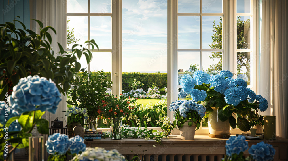 Fototapeta premium Beautiful Garden View Living Room Cozy Blooming Hydrangeas Lush Greenery Natural Sunlight Summer Morning bright large wondow flower floral relax luxury indoor plant countryside peaceful dawn sun blue