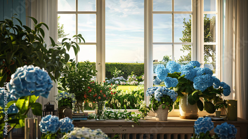 Beautiful Garden View Living Room Cozy Blooming Hydrangeas Lush Greenery Natural Sunlight Summer Morning bright large wondow flower floral relax luxury indoor plant countryside peaceful dawn sun blue  photo