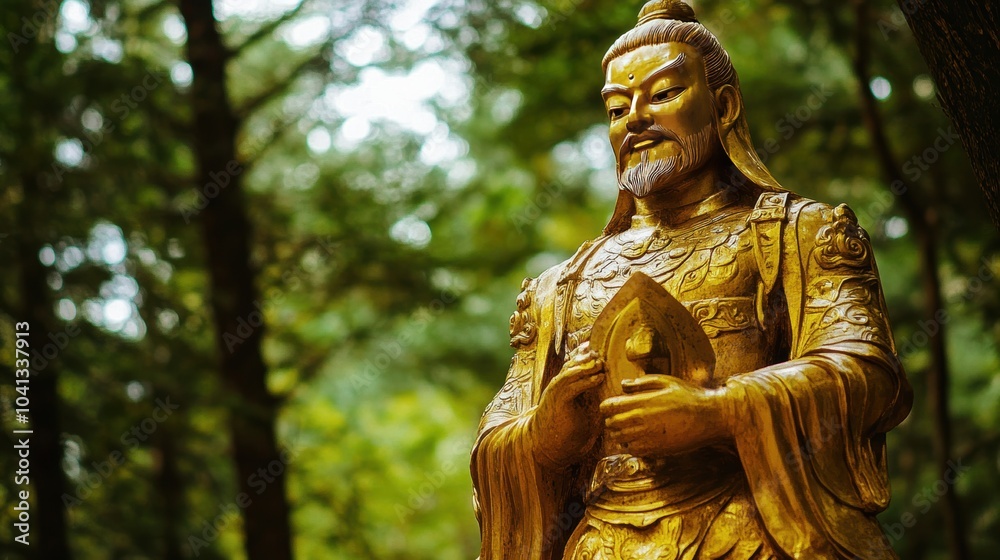 Weathered Golden Statue of Ancient Warrior in Forest Weathered Golden Statue of Ancient Warrior in Forest