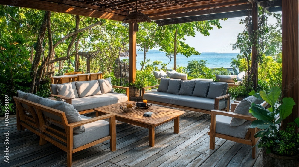 Obraz premium Wooden lounge furniture set up on a terrace, perfect for unwinding outdoors with friends or family.