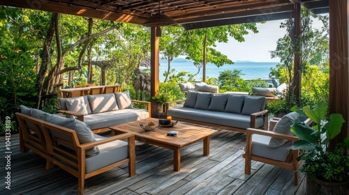 Wooden lounge furniture set up on a terrace, perfect for unwinding outdoors with friends or family.