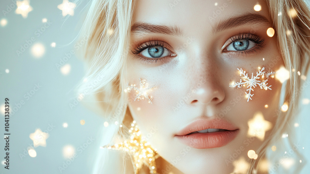 Beautiful young blonde woman with snowflakes and stars on her face. Beauty parlor christmas holiday banner concept. I Beautiful young blonde woman with snowflakes and stars on her face. Beauty parlor christmas holiday banner concept. I