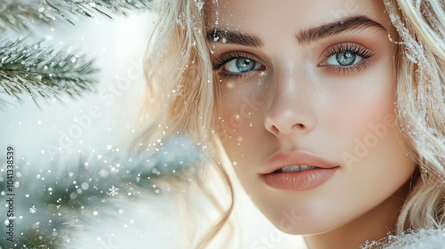 Beautiful young blonde woman with snowflakes and stars on her face. Beauty parlor christmas holiday banner concept. I