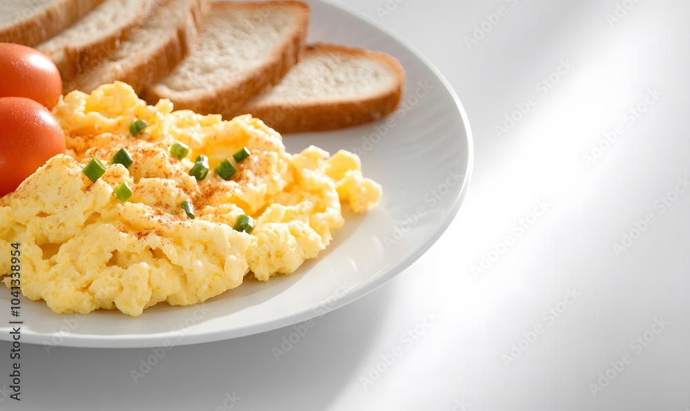 A plate of scrambled eggs, toast and sliced bread, Generative AI A plate of scrambled eggs, toast and sliced bread, Generative AI