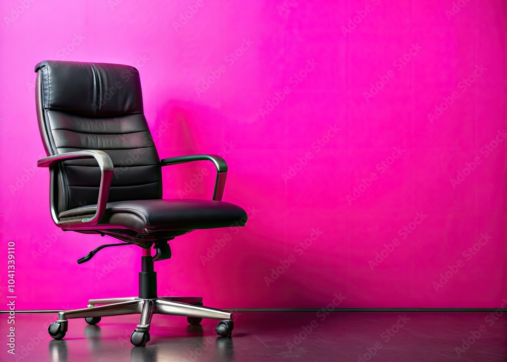 Stylish Black Leather Office Chair on Pink Background with Copy Space for Modern Workspace Designs Stylish Black Leather Office Chair on Pink Background with Copy Space for Modern Workspace Designs