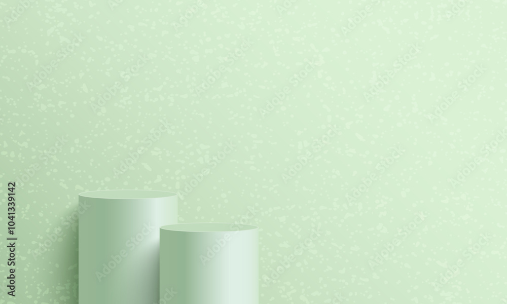 3D green round product podium set background with natural light. Abstract composition in minimalist design. 3D studio display showroom cosmetic product pedestal, Fashion stage showcase mockup scene.