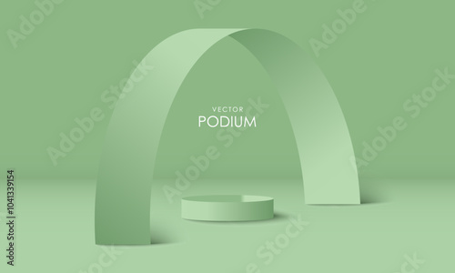 3D green product podium background with curve frame paper cut decorate. Abstract composition in minimal design. 3D studio showroom product pedestal, Fashion showcase mockup scene.