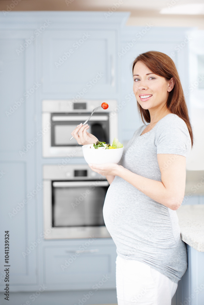Portrait, eating or pregnant woman with salad in home with smile, healthy breakfast or fruits for vitamins. Happy, hungry and mother to be with organic food for wellness, benefits and diet nutrition Portrait, eating or pregnant woman with salad in home with smile, healthy breakfast or fruits for vitamins. Happy, hungry and mother to be with organic food for wellness, benefits and diet nutrition