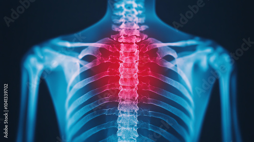 X-ray image showcasing a human spine with a highlighted area indicating discomfort or injury, set against a dark background. photo