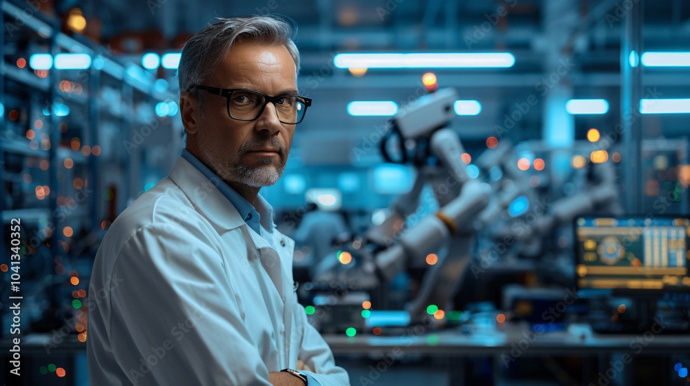 Scientist Laboratory Robotic High-Tech Lab Equipment Advanced Research Innovation Portrait Senior Technology portrait Middle-Aged Researcher confident white coat Scientific Instrument Scientist Laboratory Robotic High-Tech Lab Equipment Advanced Research Innovation Portrait Senior Technology portrait Middle-Aged Researcher confident white coat Scientific Instrument