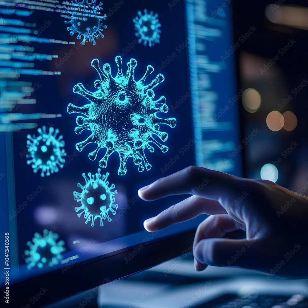 Hacker s Hand Reaching Towards Floating Virus Symbol on Computer Screen Depicting Cyber Threats and Malware Spread Hacker s Hand Reaching Towards Floating Virus Symbol on Computer Screen Depicting Cyber Threats and Malware Spread