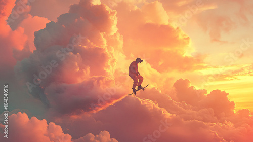 A dog riding a skateboard made of clouds, zooming through a pastel sunset sky 