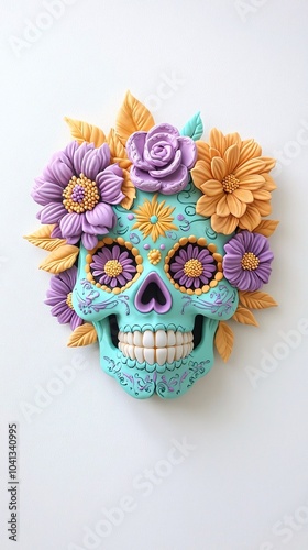 Vibrant sugar skull with glowing purple flowers, intricate teal and yellow accents