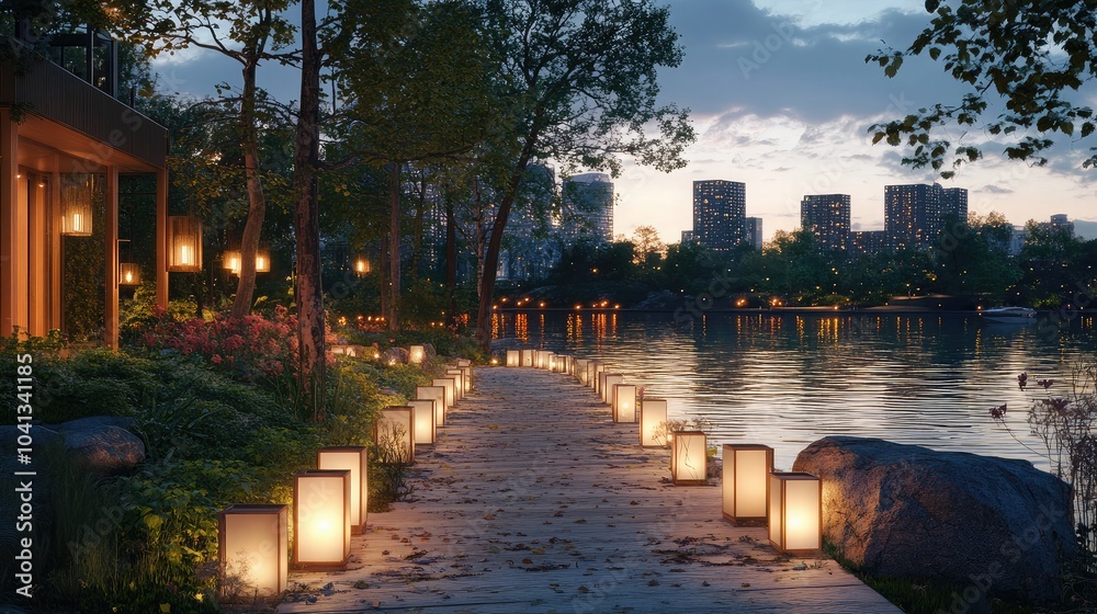 Obraz premium Serene Lakeside Pathway at Dusk with Lanterns