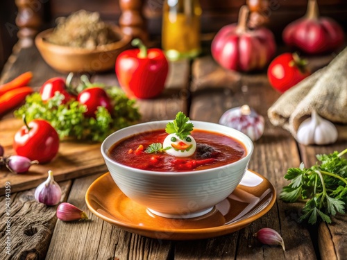 Traditional Ukrainian Cuisine: Adorable Red Borscht Soup Plate Character with Copy Space for Creative Use