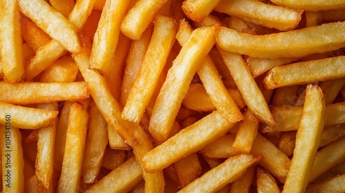 A close-up of perfectly crispy golden French fries arranged artfully, showcasing their delicious texture and tempting appearance.