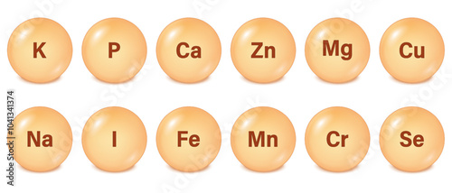 Vitamin and mineral complex vector. Multivitamin complex. Set of Essential Mineral supplement icons. Magnesium, copper, iron, zinc, sodium, iodine, manganese, chromium, selenium, phosphorus, potassium