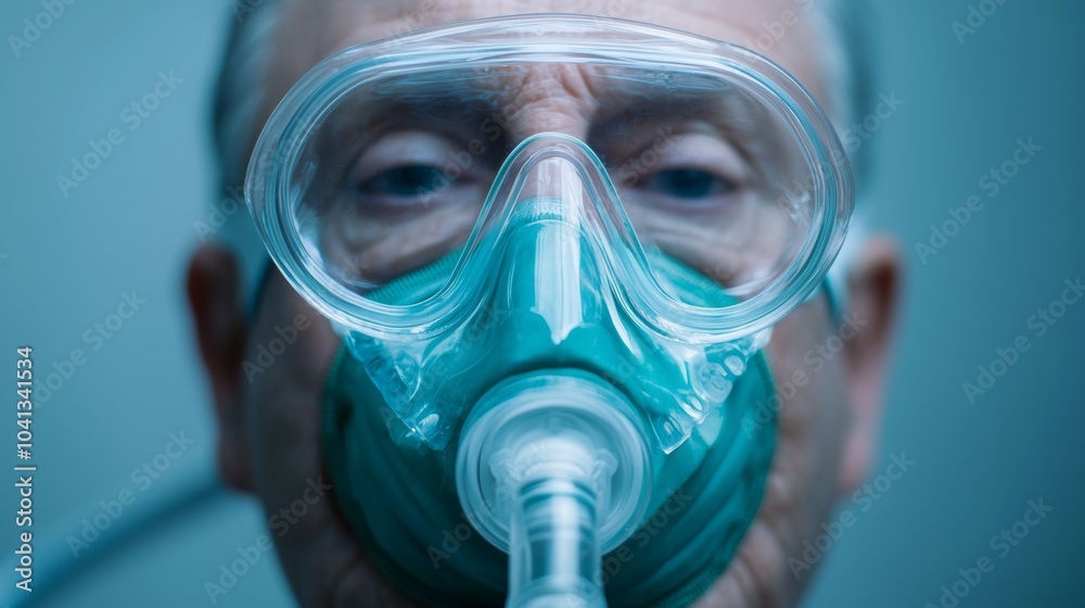 Closeup of Elderly Patient Wearing Oxygen Mask and Goggles Closeup of Elderly Patient Wearing Oxygen Mask and Goggles