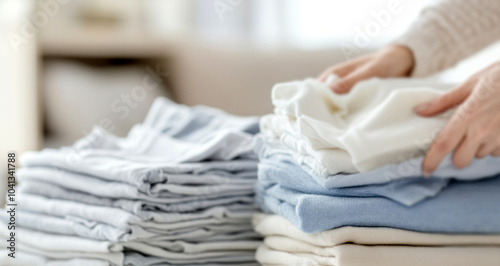 Close-up of a woman's hands holding clean and doing laundry at home.  photo