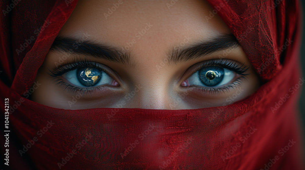Captivating Muslim teenage girl in niqab gazes warmly. Traditional closed clothing for women of the East. Total unrecognisability of people. The rights of women of the East. Illustration for design Captivating Muslim teenage girl in niqab gazes warmly. Traditional closed clothing for women of the East. Total unrecognisability of people. The rights of women of the East. Illustration for design