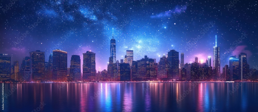 A stunning view of a modern city skyline at night, with twinkling lights and a vibrant starry sky reflecting in the water.