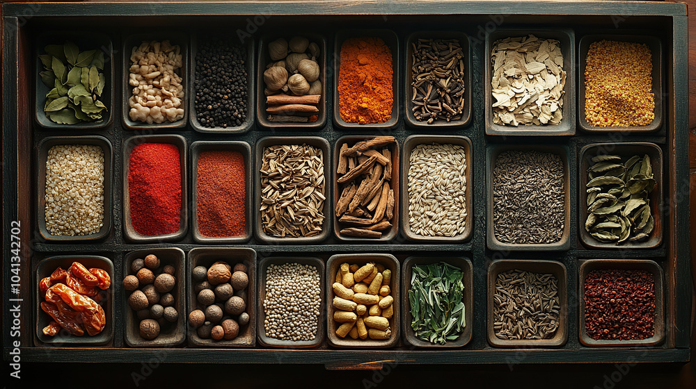 An ancient Chinese medicine shop, with various herbs and seed materials on the table