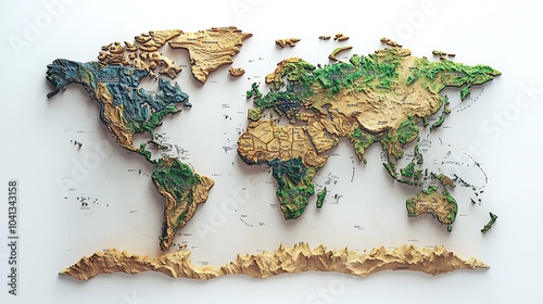 World Map Relief: A textured, three-dimensional world map crafted in a realistic, earthy palette, capturing the contours and elevations of our planet.  