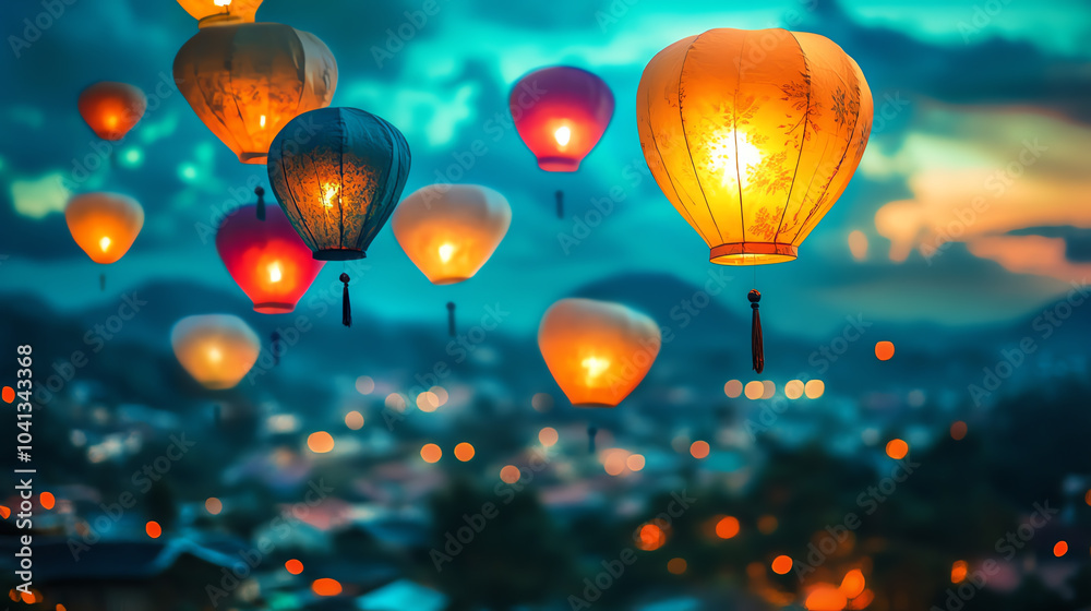 Obraz premium Floating glowing lanterns illuminating the night sky a captivating festival of light and color in a vibrant atmosphere
